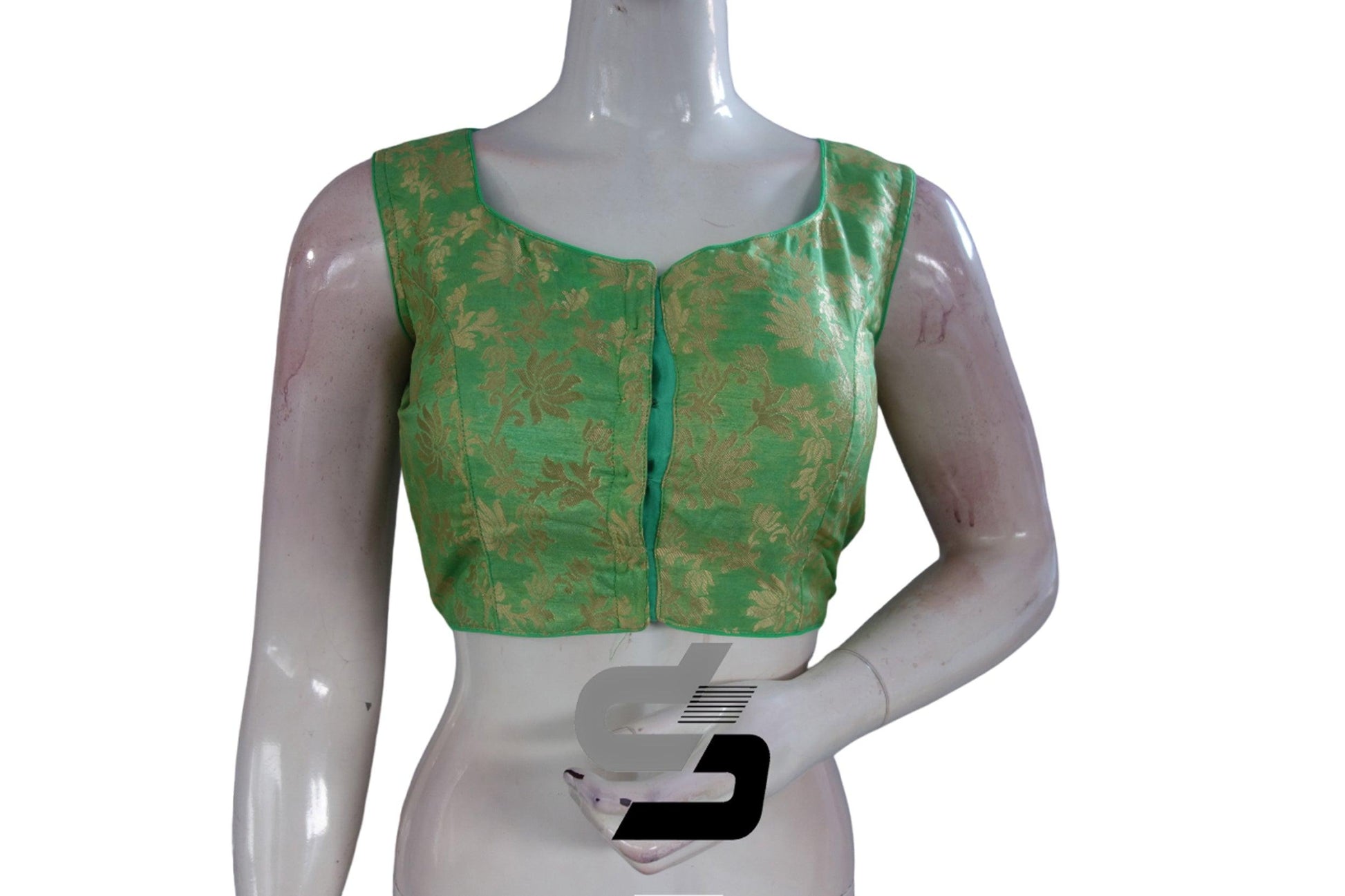 "Pastel Green Elegance: Designer High Neck Banaras Brocade Silk Readymade Saree Blouses" - D3blouses