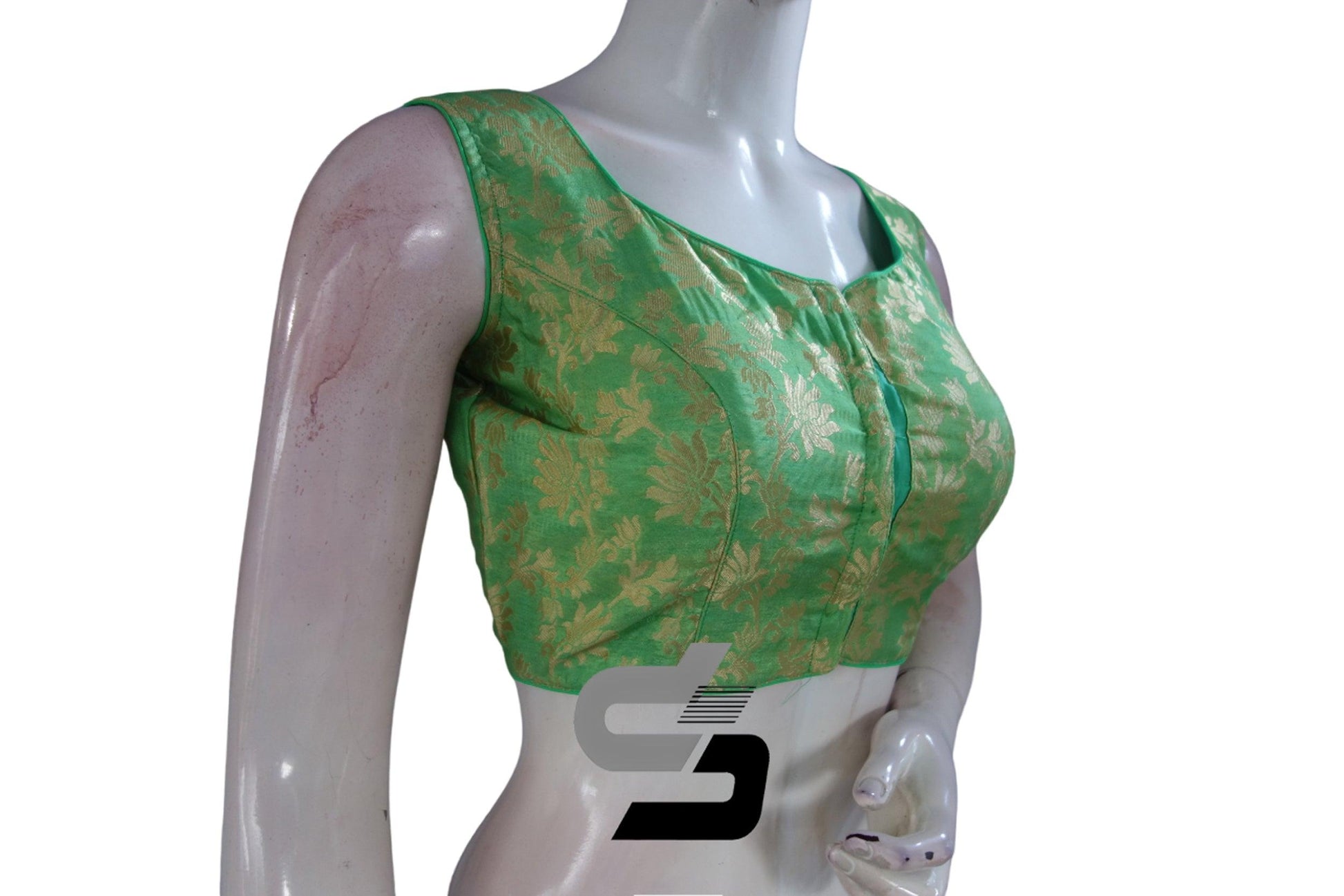 "Pastel Green Elegance: Designer High Neck Banaras Brocade Silk Readymade Saree Blouses" - D3blouses