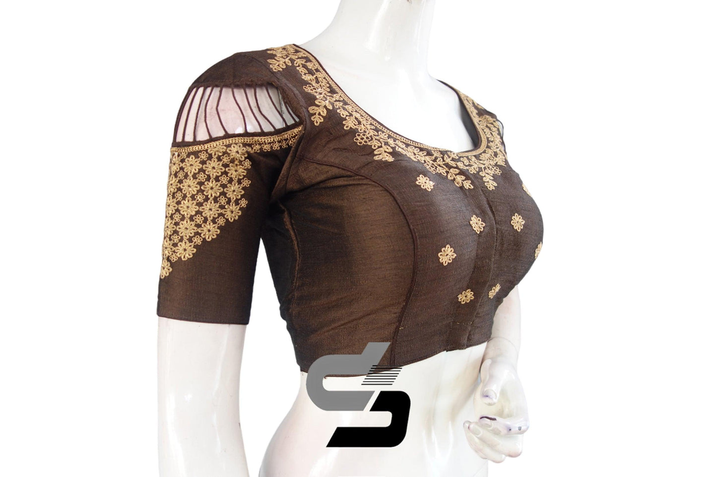 "Stay in Vogue: Brown High Neck Readymade Saree Blouses with Silk Embroidery" - D3blouses