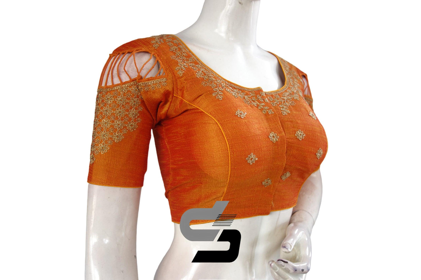 "Dazzle in Mustard Orange: High Neck Semi Silk Embroidered Readymade Saree Blouses" - D3blouses