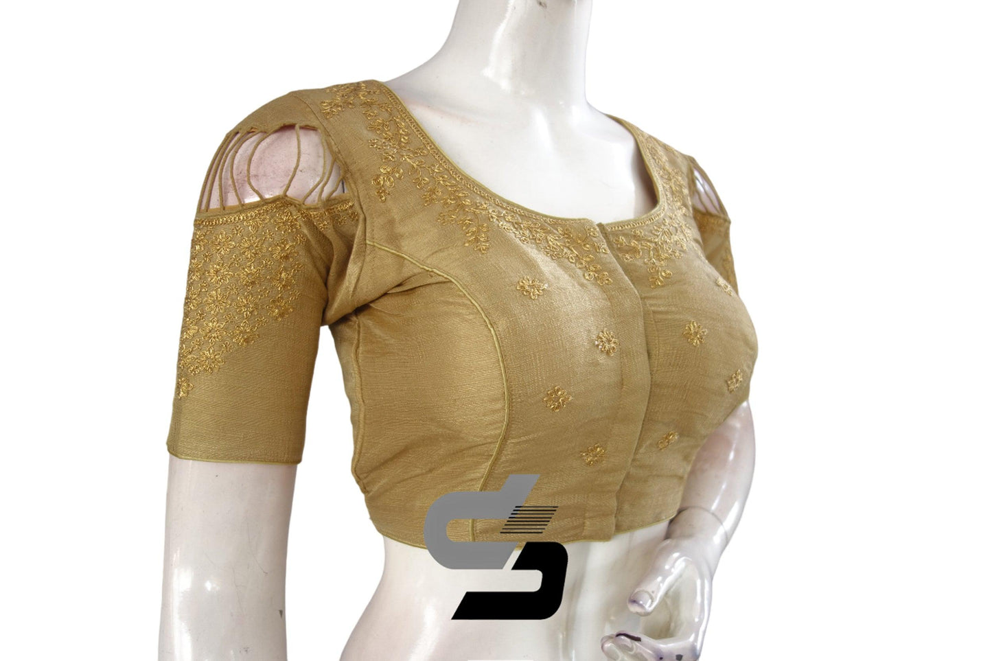 "Timeless Beauty: Gold High Neck Designer Readymade Saree Blouses with Embroidery" - D3blouses