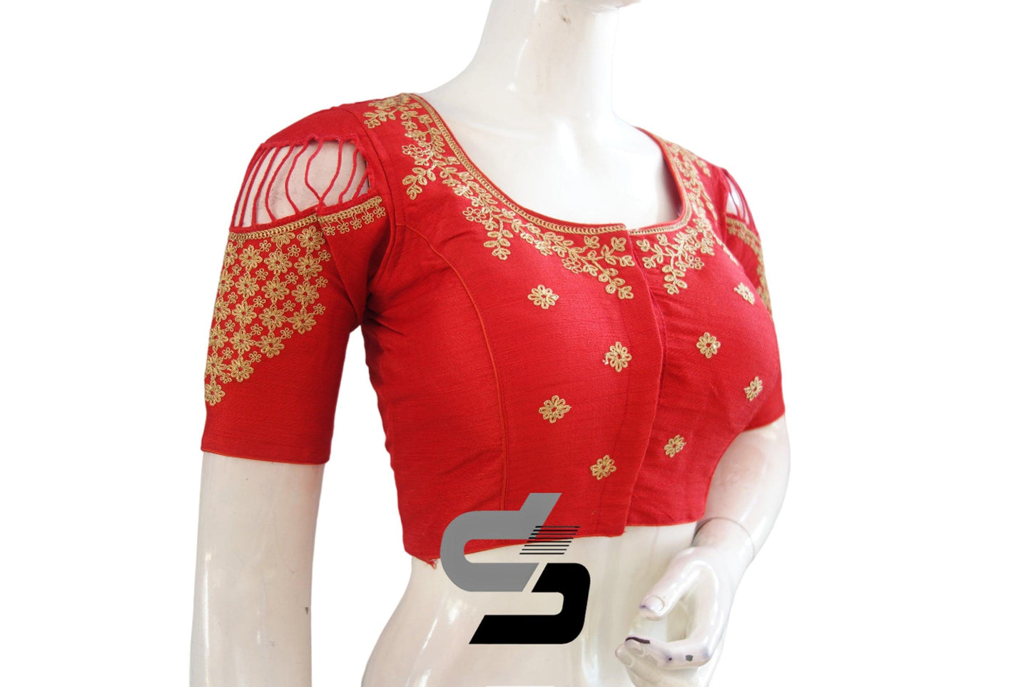 "Turn Heads with Red High Neck Embroidered Readymade Saree Blouses" within 20 Characters. - D3blouses