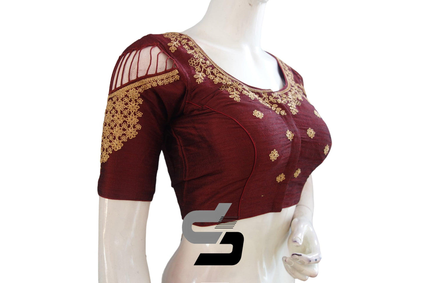 "Radiate Elegance: Red Wine High Neck Embroidery Readymade Blouses for Sarees" - D3blouses