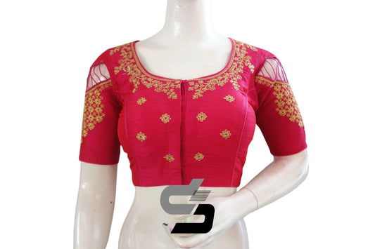 "Elegant and Chic:Pink High Neck Designer Semi Silk Embroidery Readymade Saree Blouses" - D3blouses
