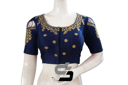 "Mesmerizing Beauty:Navy Blue High Neck Readymade Saree Blouses with Silk Embroidery" - D3blouses