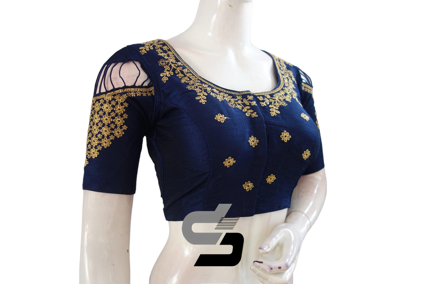 "Mesmerizing Beauty:Navy Blue High Neck Readymade Saree Blouses with Silk Embroidery" - D3blouses