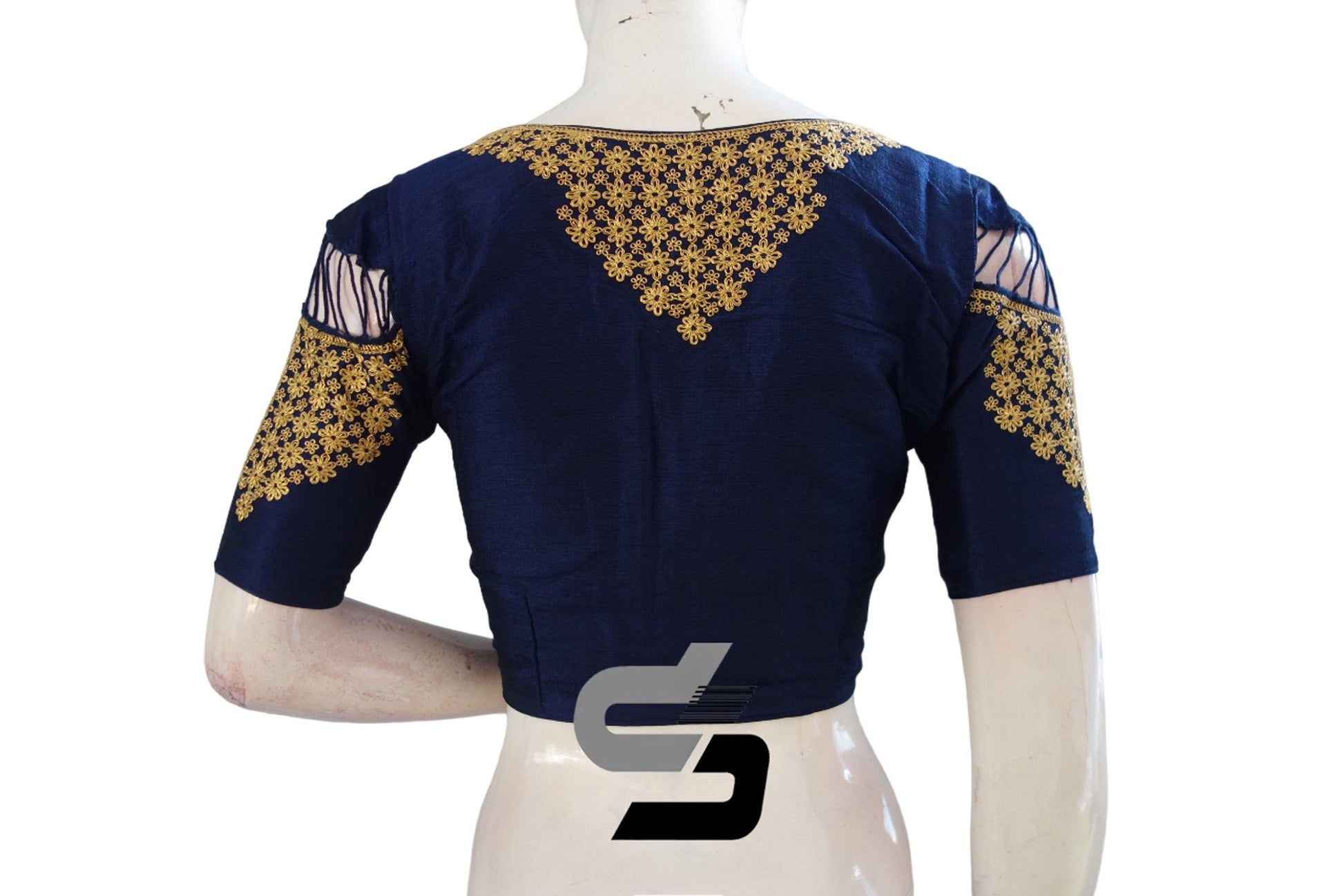 "Mesmerizing Beauty:Navy Blue High Neck Readymade Saree Blouses with Silk Embroidery" - D3blouses