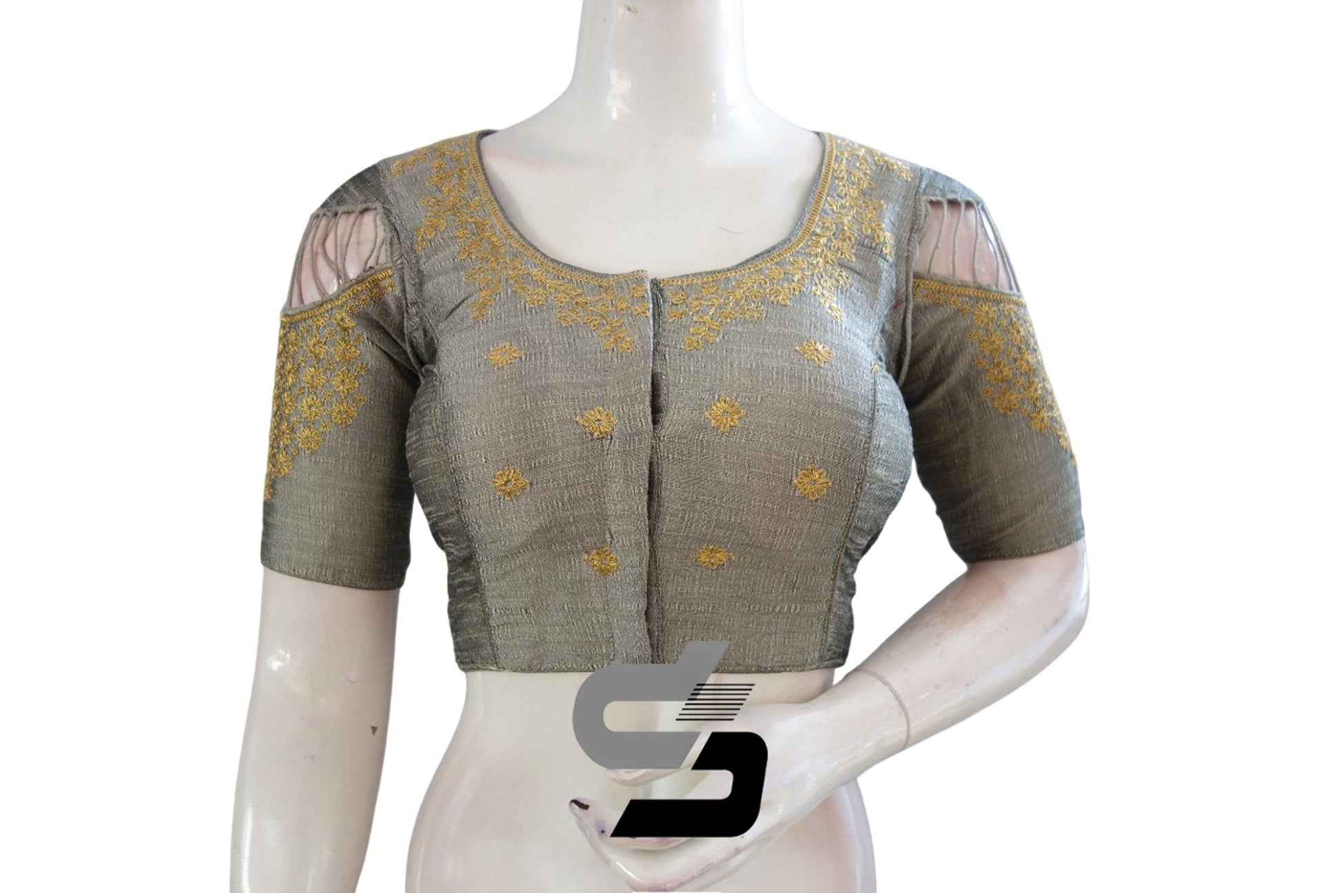 "Embrace Feminine Sophistication: Grey High Neck Designer Saree Blouses with Embroidery" - D3blouses