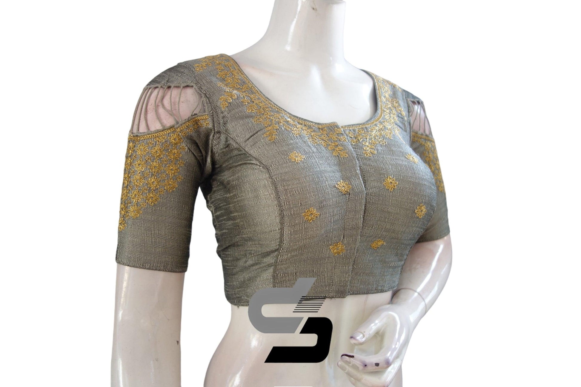 "Embrace Feminine Sophistication: Grey High Neck Designer Saree Blouses with Embroidery" - D3blouses