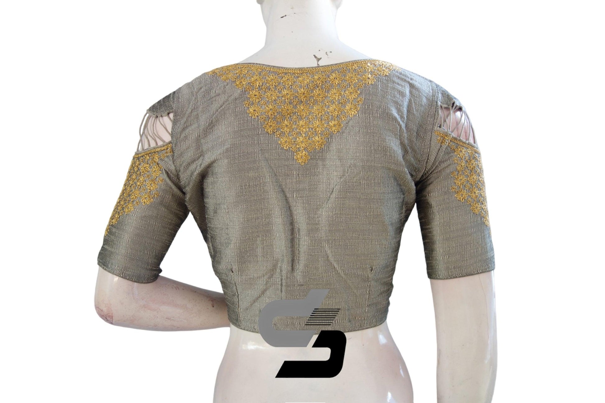 "Embrace Feminine Sophistication: Grey High Neck Designer Saree Blouses with Embroidery" - D3blouses