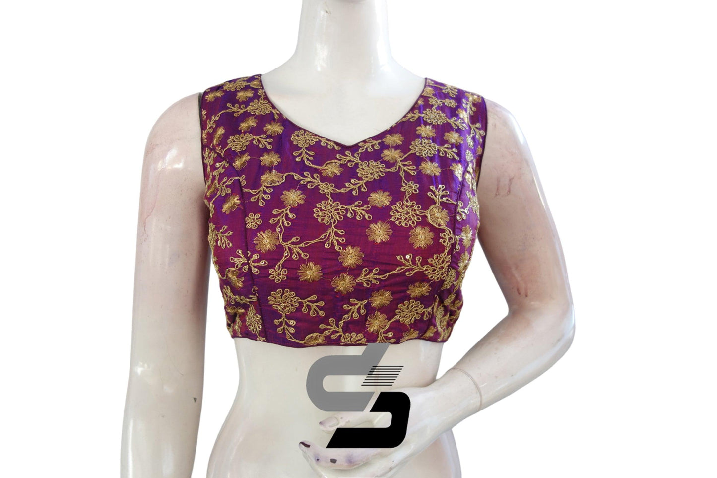 "Get Glamorous with Dark Magenta Designer Semi Silk Embroidery Readymade Saree Blouses"