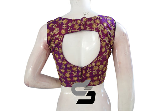 "Get Glamorous with Dark Magenta Designer Semi Silk Embroidery Readymade Saree Blouses"