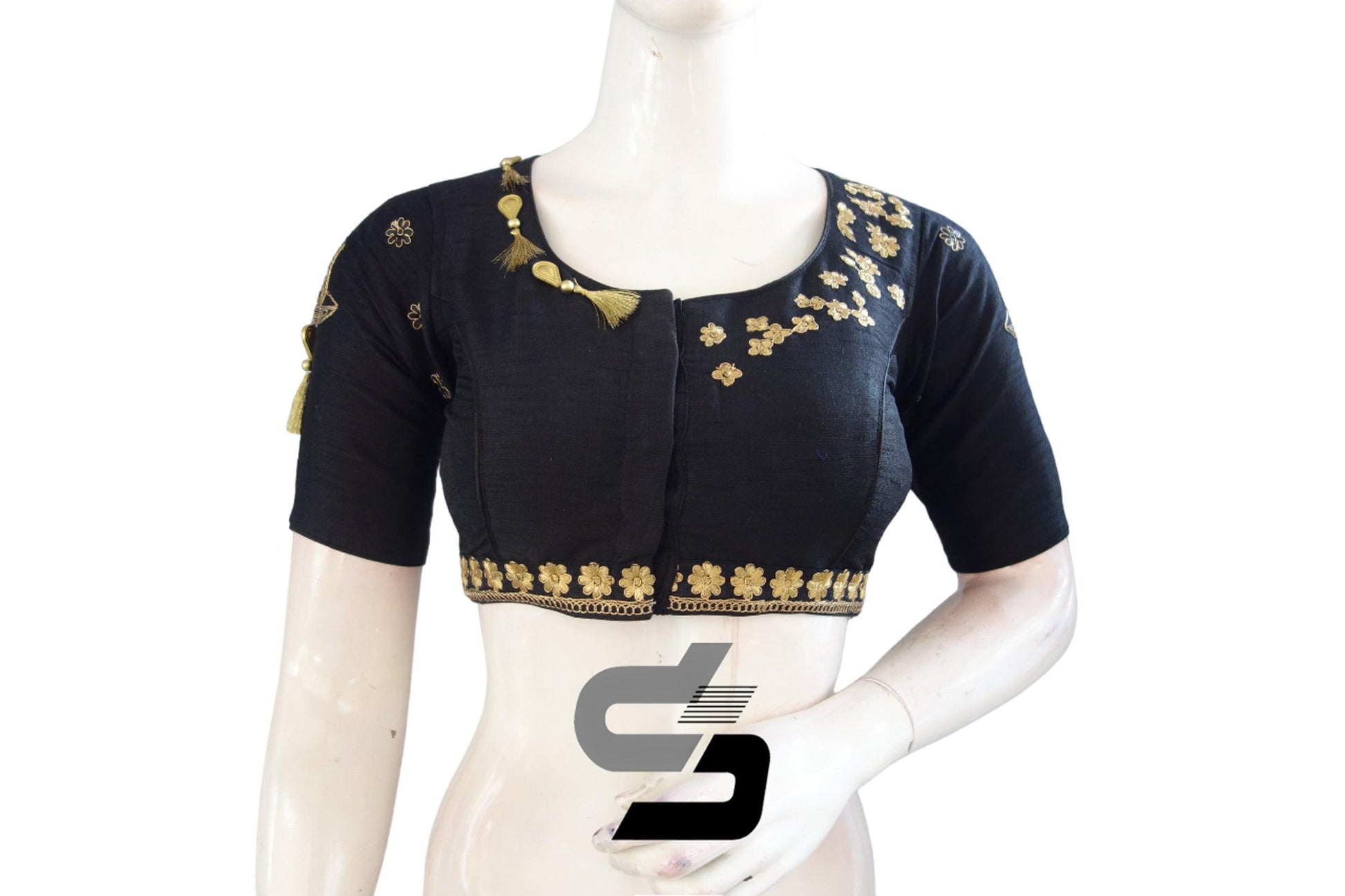 "Elevate Your Style: Black Color High Neck Designer Semi Silk Cup and Saucer Embroidery Readymade Saree Blouses" - D3blouses