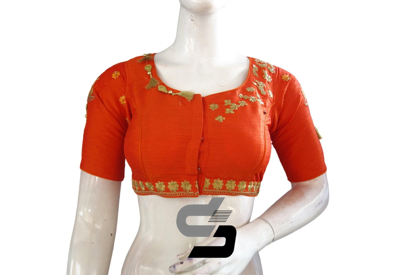 "Make a Statement: Orange Color High Neck Designer Semi Silk Cup and Saucer Embroidery Saree Blouses" - D3blouses
