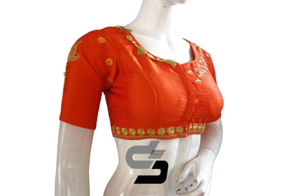 "Make a Statement: Orange Color High Neck Designer Semi Silk Cup and Saucer Embroidery Saree Blouses" - D3blouses