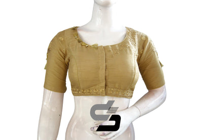 "Unleash Elegance: Gold Color High Neck Designer Semi Silk Cup and Saucer Embroidery Blouses" - D3blouses