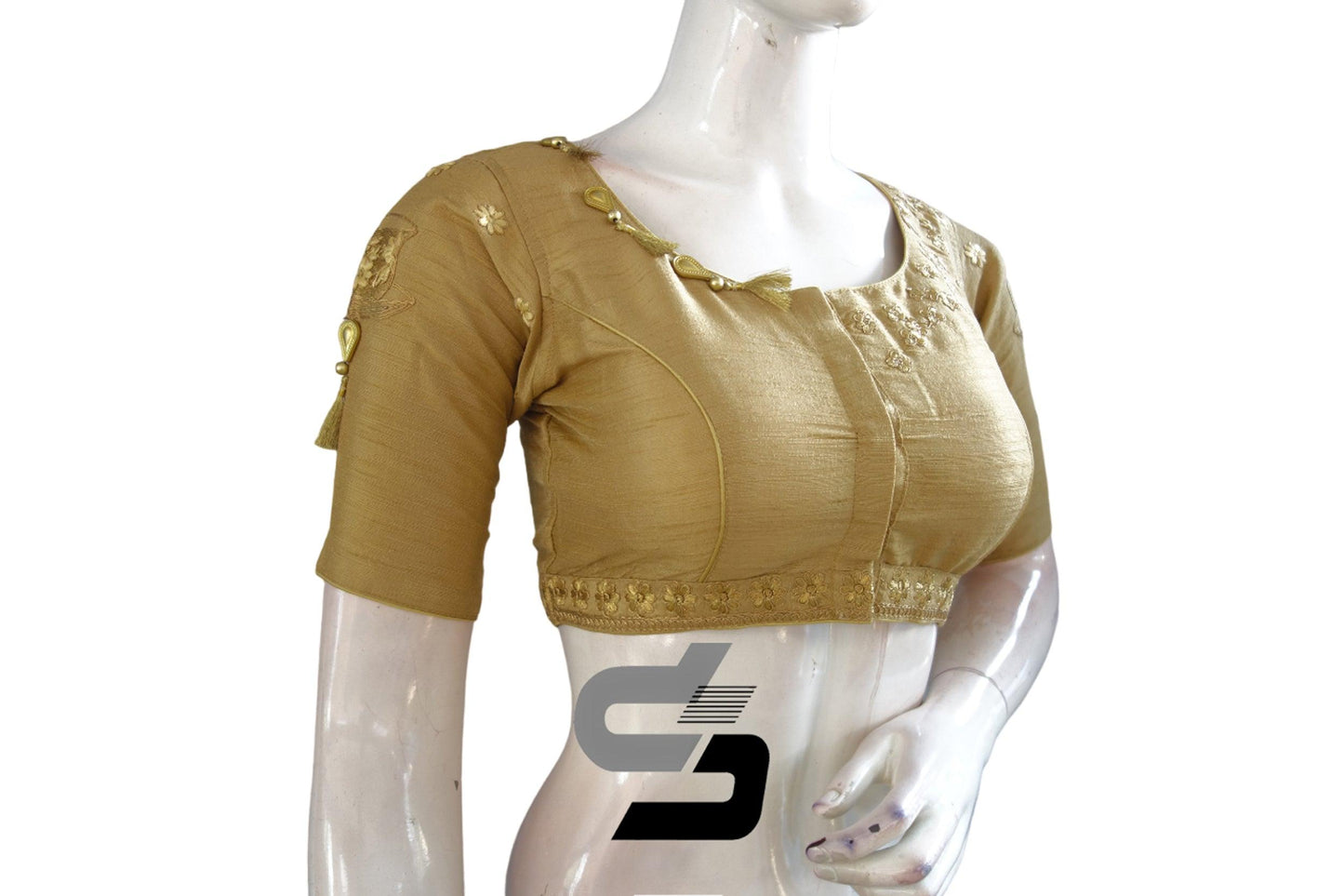 "Unleash Elegance: Gold Color High Neck Designer Semi Silk Cup and Saucer Embroidery Blouses" - D3blouses