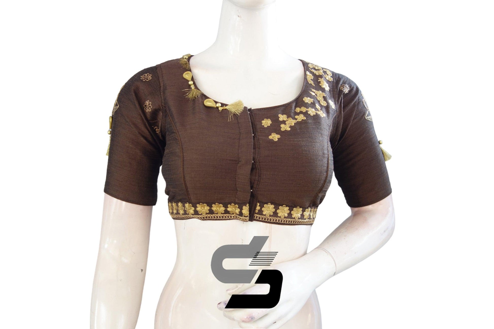 "Embrace the Classic: Brown Color High Neck Designer Semi Silk Cup and Saucer Embroidery Readymade Saree Blouses" - D3blouses