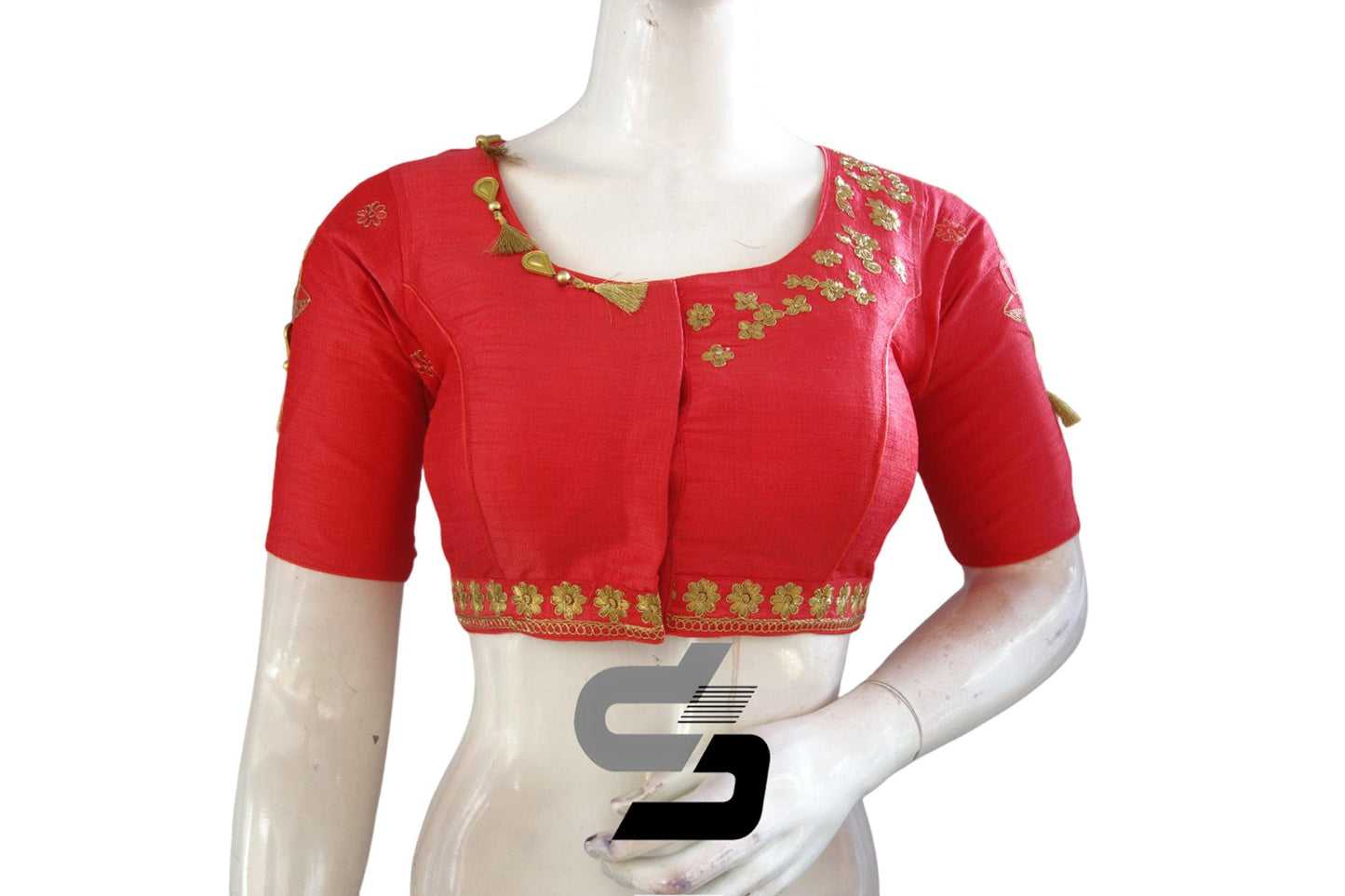 "Effortless Glamour: Peach Pink Color High Neck Designer Semi Silk Cup and Saucer Embroidery Saree Blouses" - D3blouses