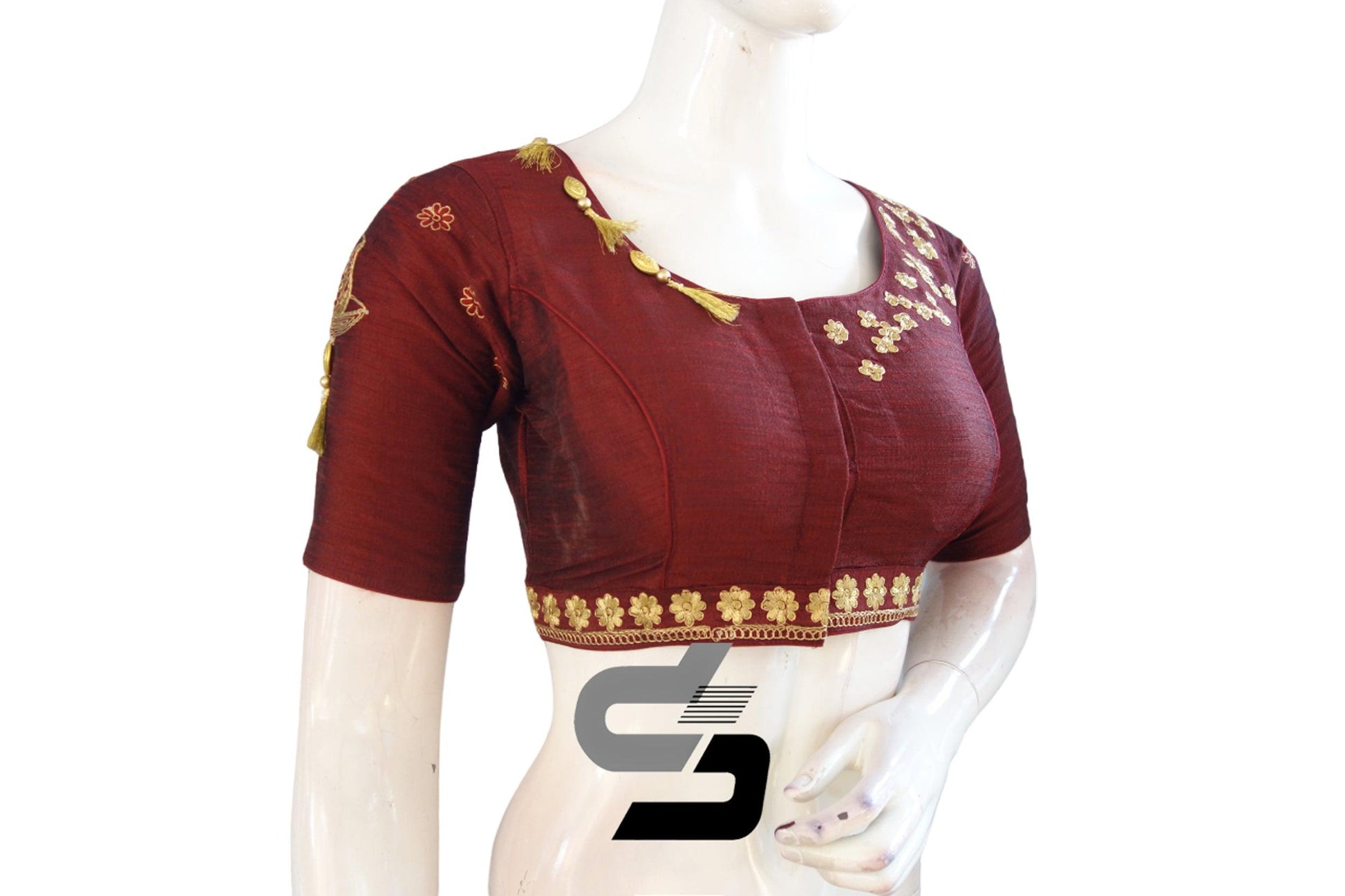 "Captivate with Style: Red Wine Color High Neck Designer Semi Silk Cup and Saucer Embroidery Readymade Blouses" - D3blouses