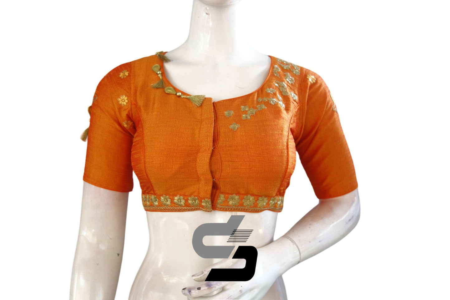 "Intricate Beauty: Mustard Orange Color High Neck Designer Semi Silk Cup and Saucer Embroidery Saree Blouses" - D3blouses
