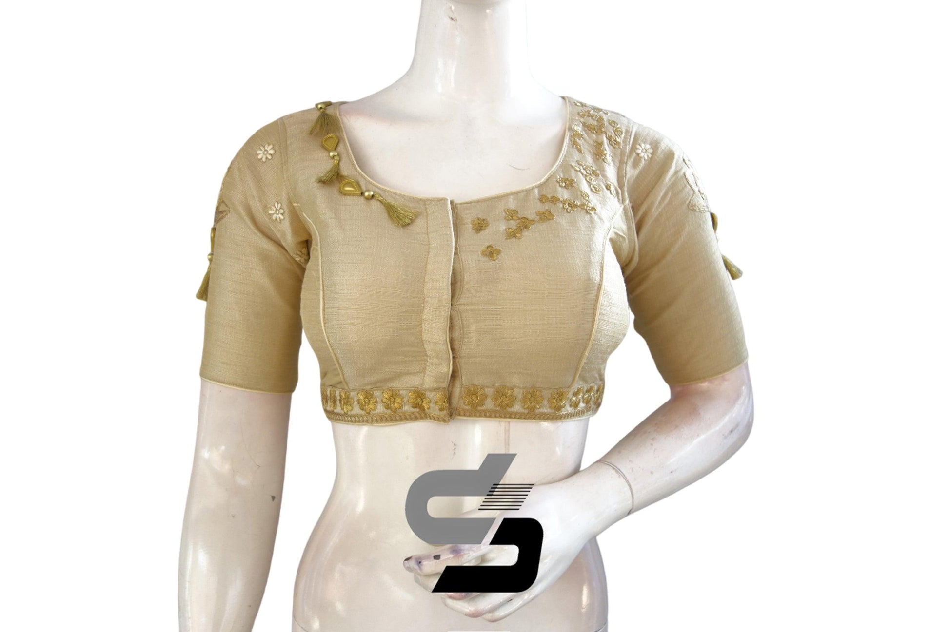 "Timeless Chic: Creamy Gold Color High Neck Designer Semi Silk Cup and Saucer Embroidery Readymade Saree Blouses" - D3blouses