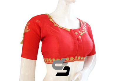 "Fashion Forward: Red Color High Neck Designer Semi Silk Cup and Saucer Embroidery Blouses" - D3blouses