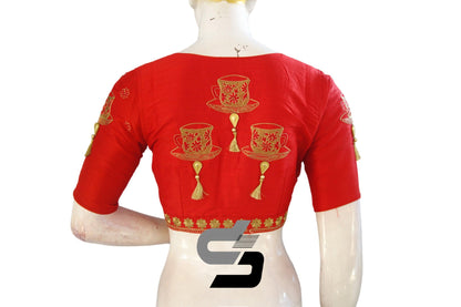 "Fashion Forward: Red Color High Neck Designer Semi Silk Cup and Saucer Embroidery Blouses" - D3blouses