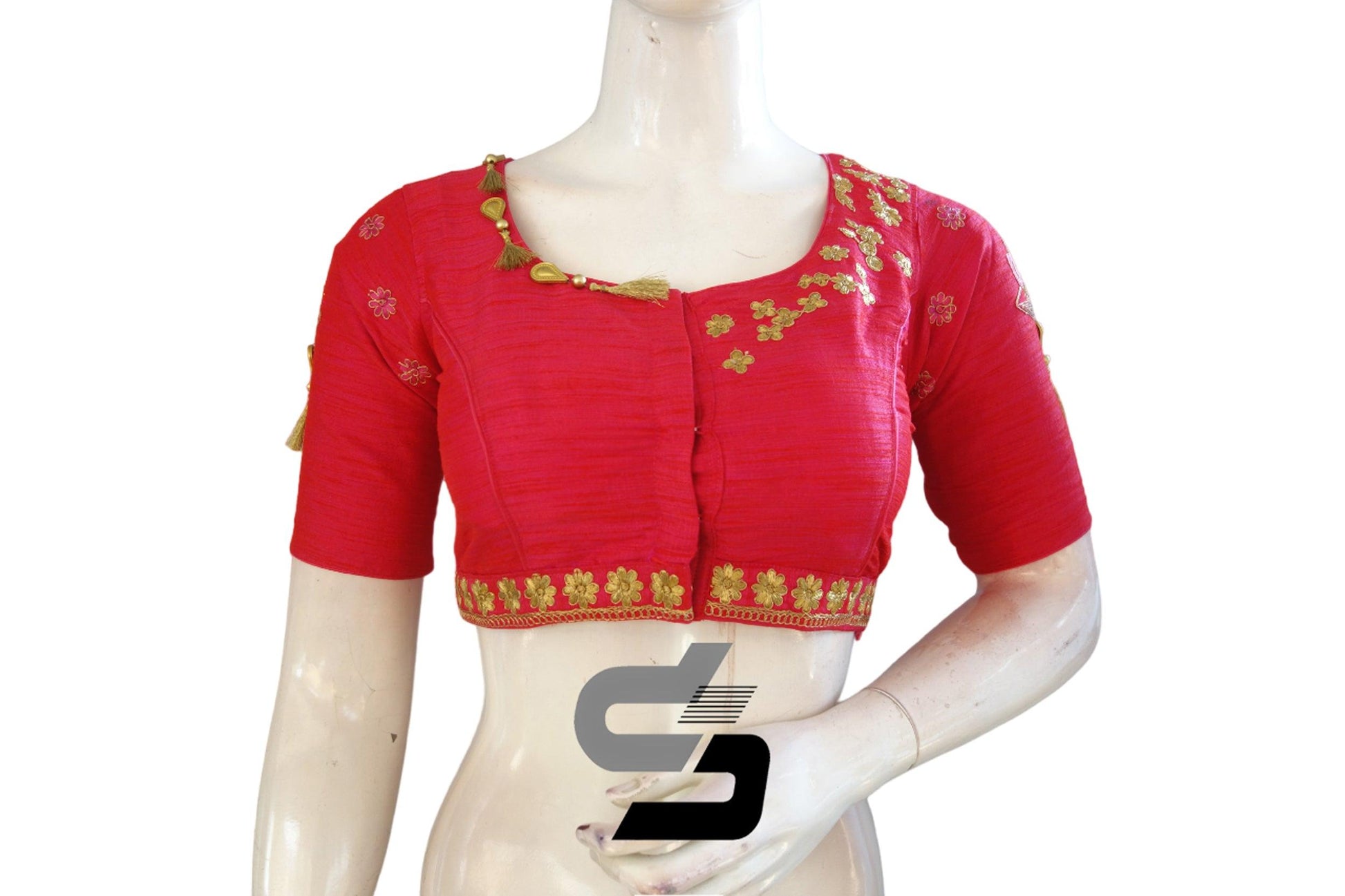 "Pink Color Opulence: High Neck Designer Semi Silk Cup and Saucer Embroidery Readymade Saree Blouses Embellishments" - D3blouses