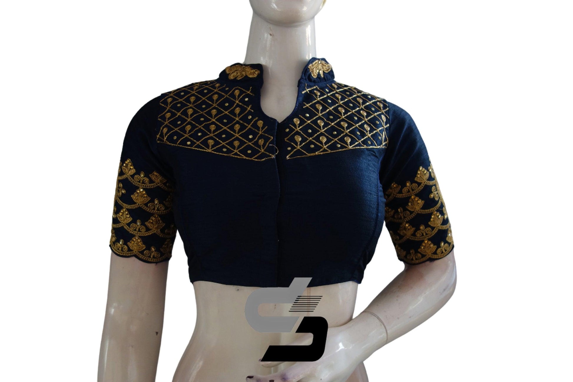 "Chic Navy Blue Designer Collar Neck Semi Silk Embroidery Readymade Saree Blouses" - D3blouses