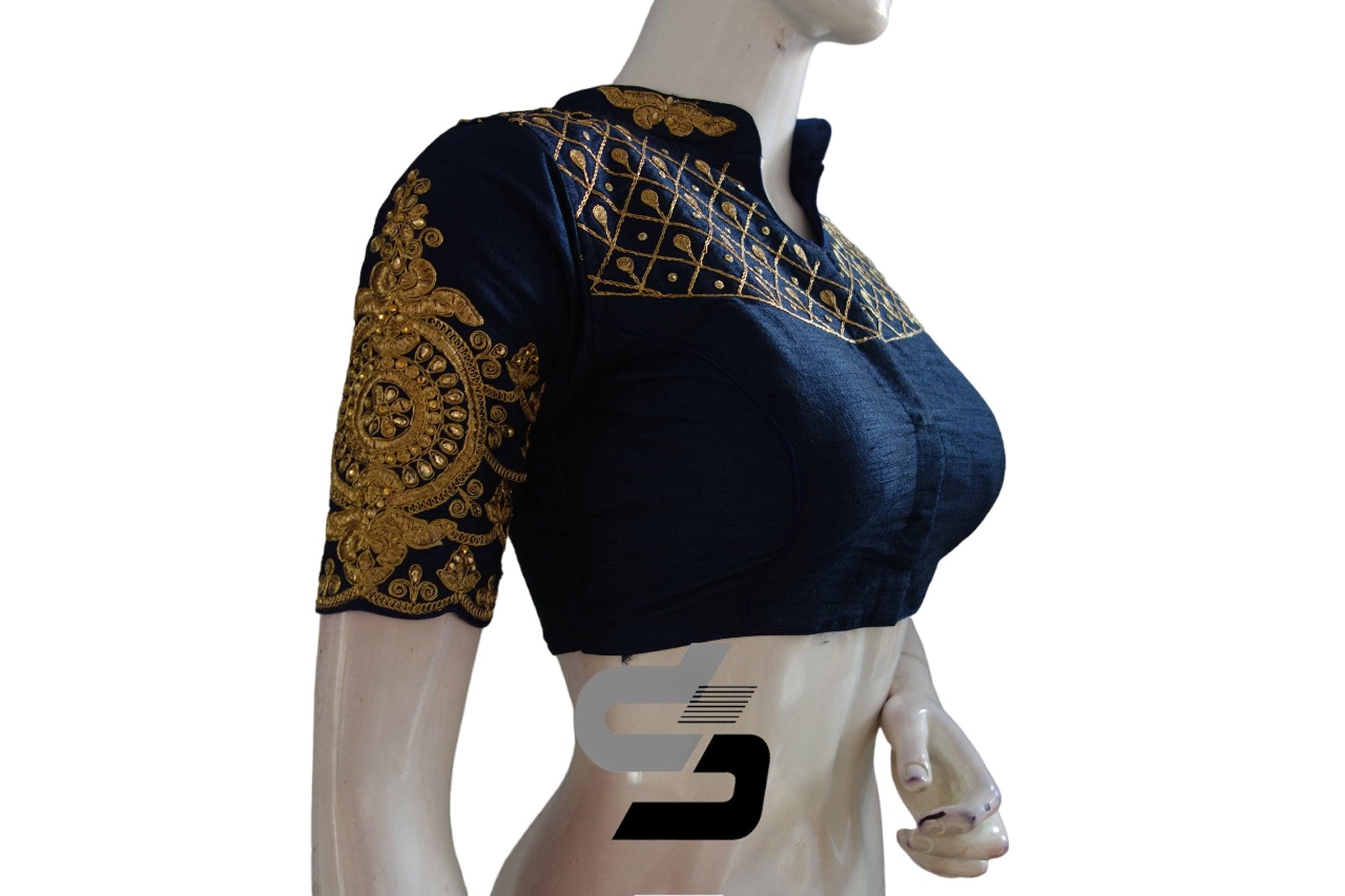 "Chic Navy Blue Designer Collar Neck Semi Silk Embroidery Readymade Saree Blouses" - D3blouses
