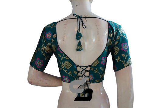 Indian Elegance: Teal Blue Color Banarasi Brocade silk Readymade saree blouse, Indian Readymade blouse, Crop top - D3blouses