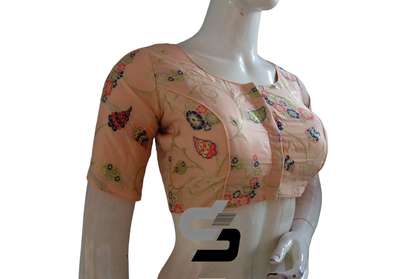 Traditional Charm: Banarasi Brocade silk Readymade saree blouse, Indian Readymade blouse, Crop top in Luxurious Peach Pink Color - D3blouses