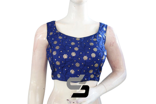 Shimmering Splendor: Navy Blue Designer Sequin Embroidery Readymade Saree Blouse with Mobile Pouch - D3blouses