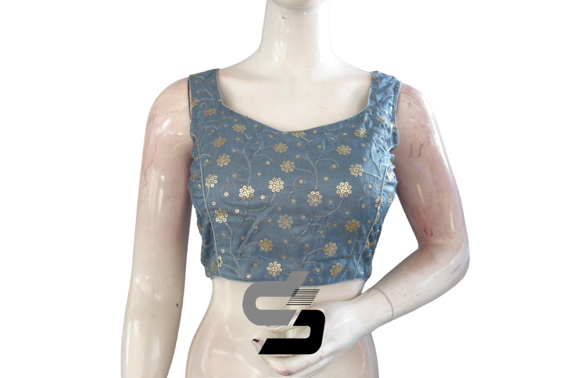Elegant Embellishments: Grey Designer Sequin Embroidered Readymade Blouse with Mobile Pouch - D3blouses