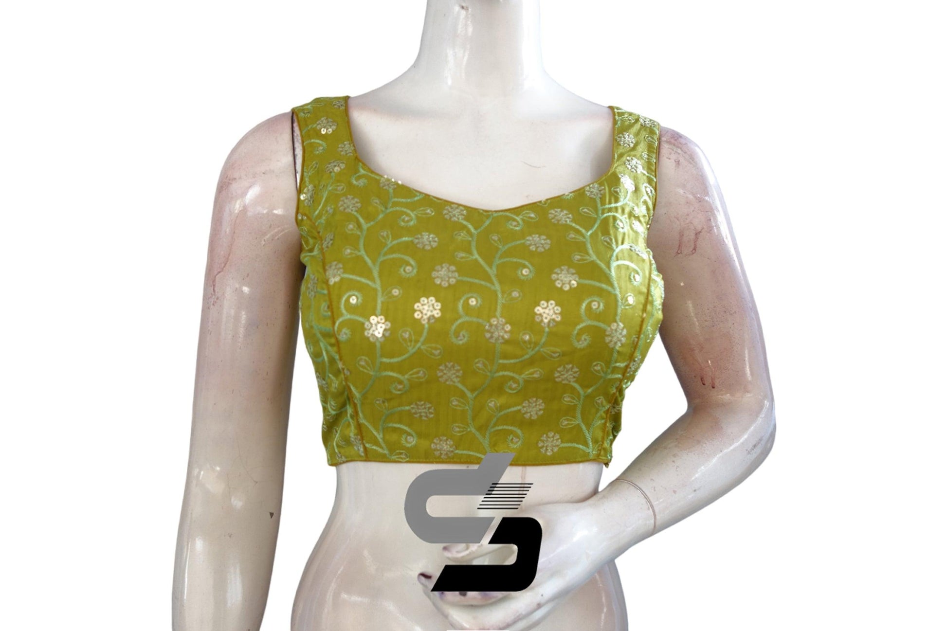 Chic and Convenient: Green Sequin Embroidery Readymade Blouse with Mobile Pouch - D3blouses