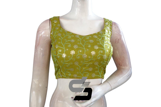 Chic and Convenient: Green Sequin Embroidery Readymade Blouse with Mobile Pouch - D3blouses
