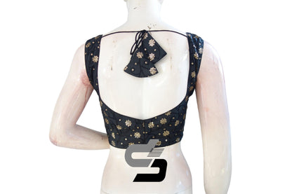 Sparkle and Style: Black Sequin Embroidered Readymade Saree Blouse with Mobile Pouch - D3blouses