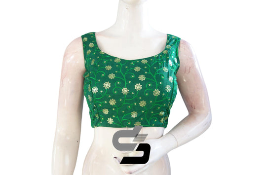 Glamorous Green: Designer Sequin Embroidery Readymade Saree Blouse with Mobile Pouch - D3blouses