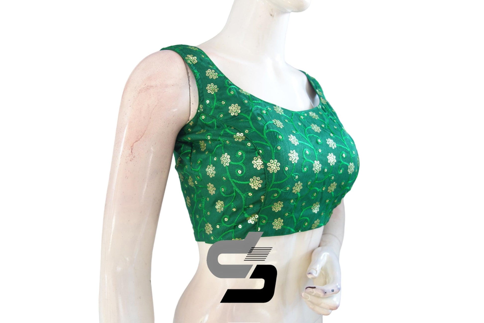 Glamorous Green: Designer Sequin Embroidery Readymade Saree Blouse with Mobile Pouch - D3blouses