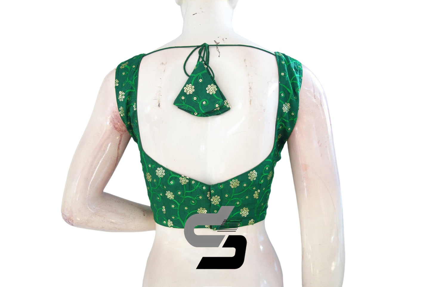 Glamorous Green: Designer Sequin Embroidery Readymade Saree Blouse with Mobile Pouch - D3blouses