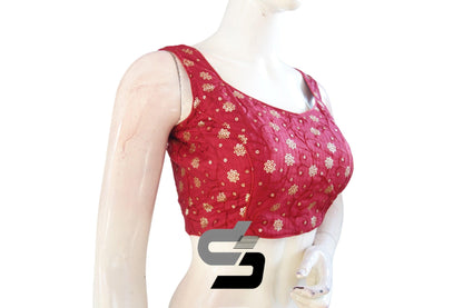 Mobile Pouch Perfection: Maroon Color Designer Sequin Embroidery Readymade Saree Blouse - D3blouses