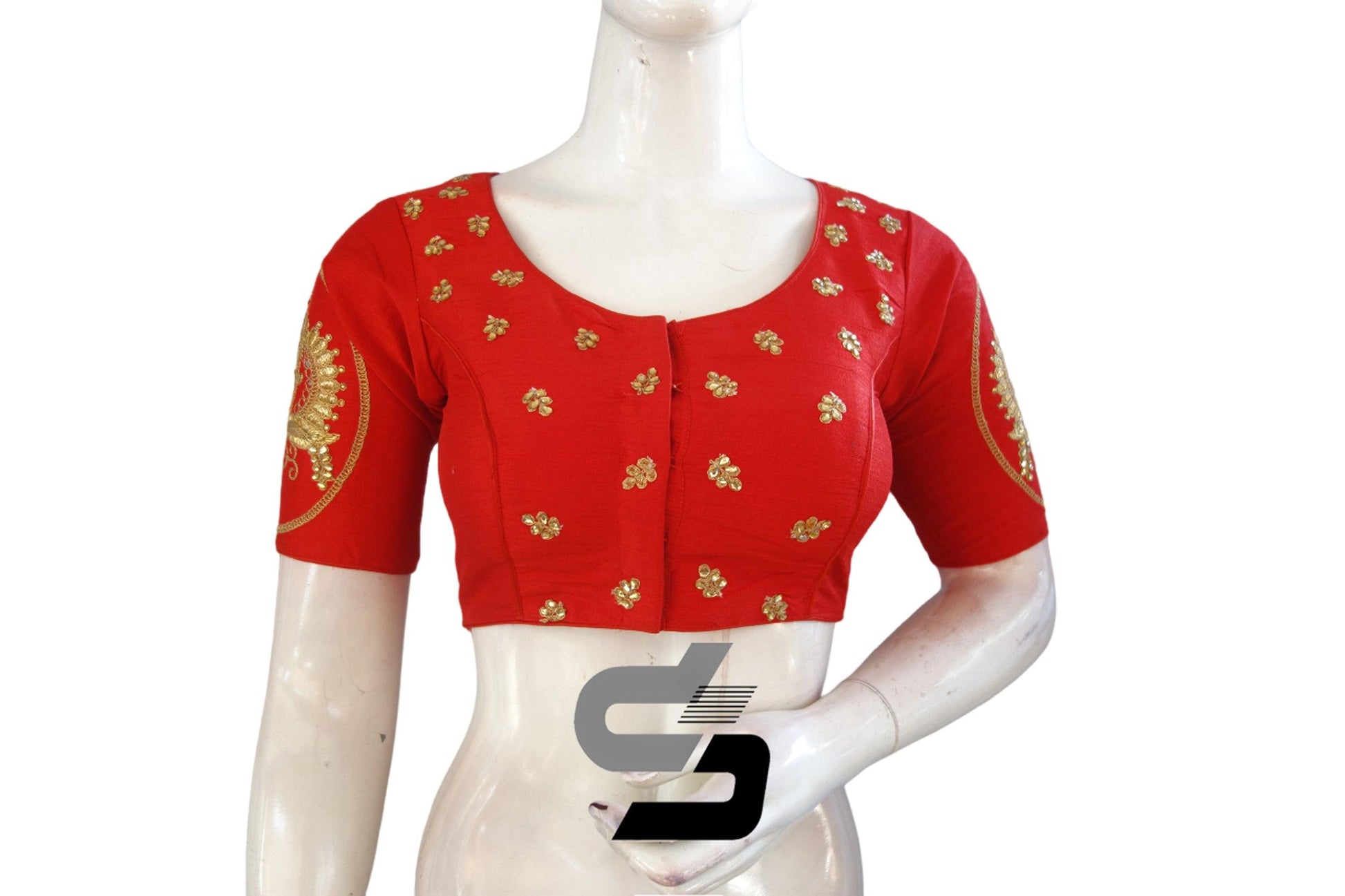 "Bold and Beautiful: Red Color High Neck Designer Semi Silk Embroidery Readymade Saree Blouses" - D3blouses