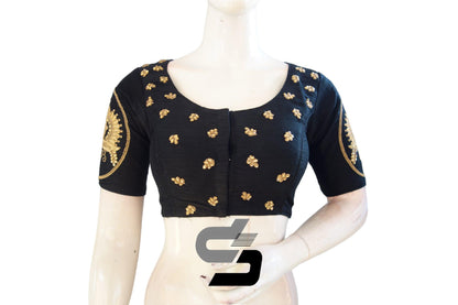 "Elegant Black: High Neck Designer Semi Silk Embroidery Readymade Saree Blouses" - D3blouses