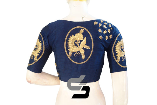 "Semi Silk Splendor: Navy Blue Color High Neck Designer Embroidery Readymade Saree Blouses" - D3blouses
