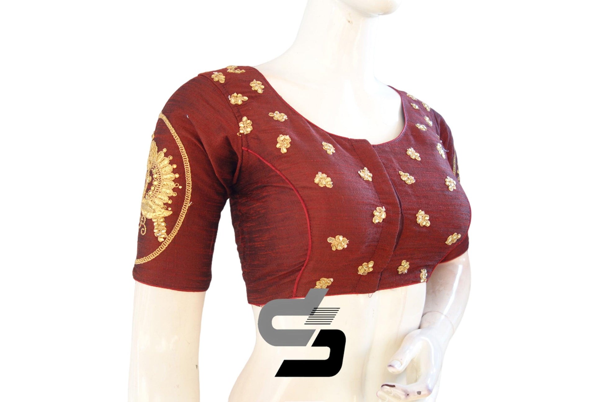 "Fashion Forward: Maroon Color High Neck Designer Semi Silk Saree Blouses with Embroidery" - D3blouses