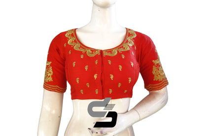 "Stunning Silhouette: Red Color High Neck Designer Semi Silk Embroidery Blouses" - D3blouses