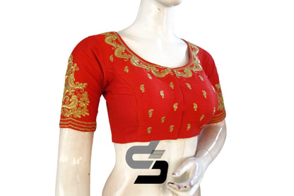 "Stunning Silhouette: Red Color High Neck Designer Semi Silk Embroidery Blouses" - D3blouses