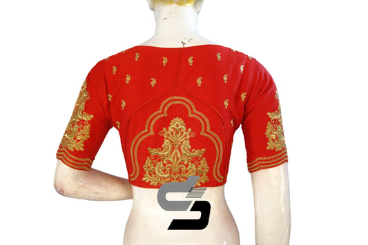 "Stunning Silhouette: Red Color High Neck Designer Semi Silk Embroidery Blouses" - D3blouses