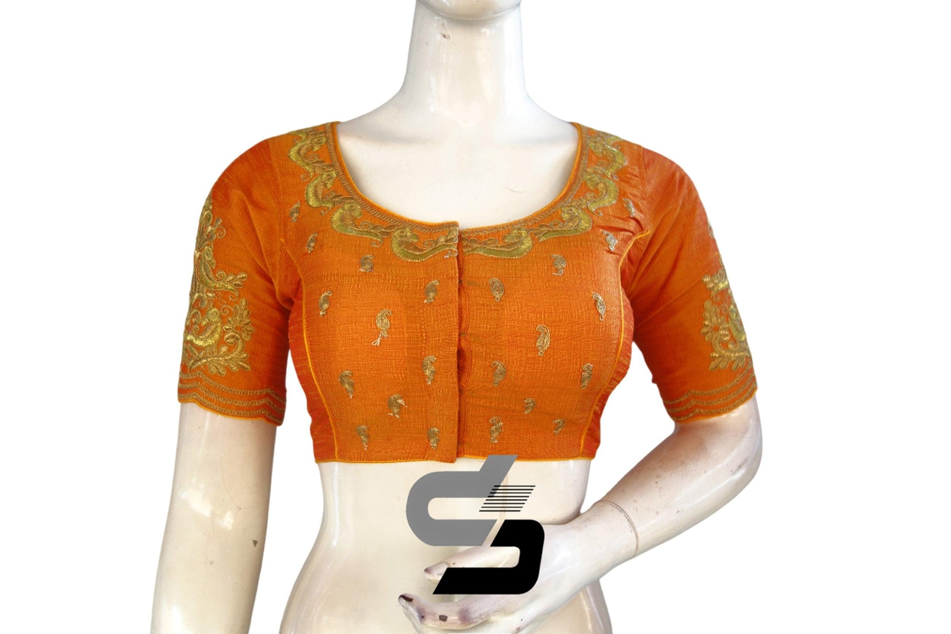 "Glamorous Mustard Orange: High Neck Designer Semi Silk Embroidery Readymade Saree Blouses" - D3blouses